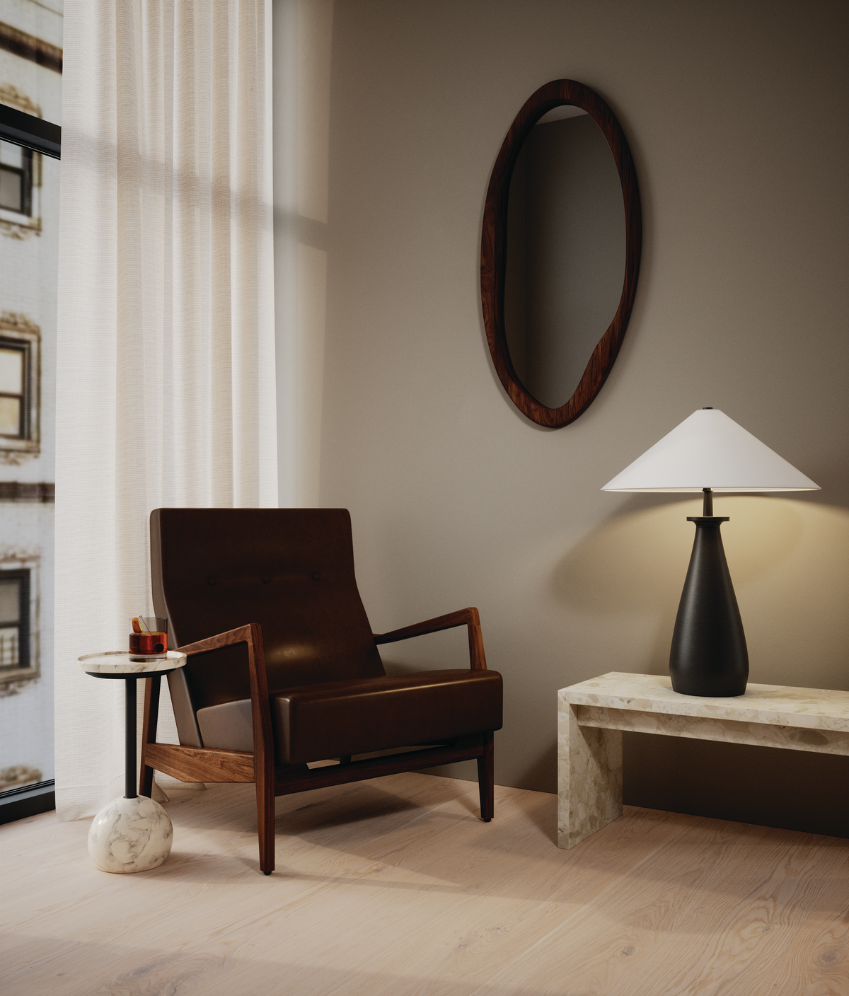 Image of traditional style nook with side chair, lamp and side table