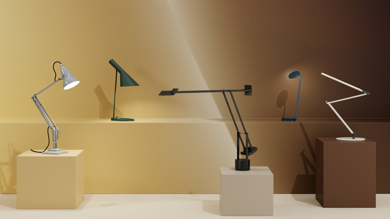 Five task lamps at varying heights on a gold gradient background